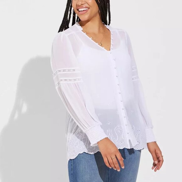 Torrid Blouse Chiffon Eyelet Embroidered Plus Size 3 Sheer White Button Up - Picture 1 of 9